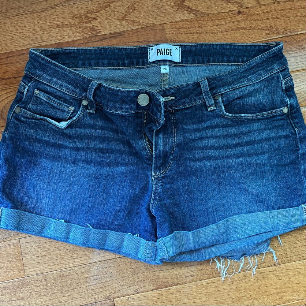 PAIGE Blue Jean Shorts with Cuffed Hem